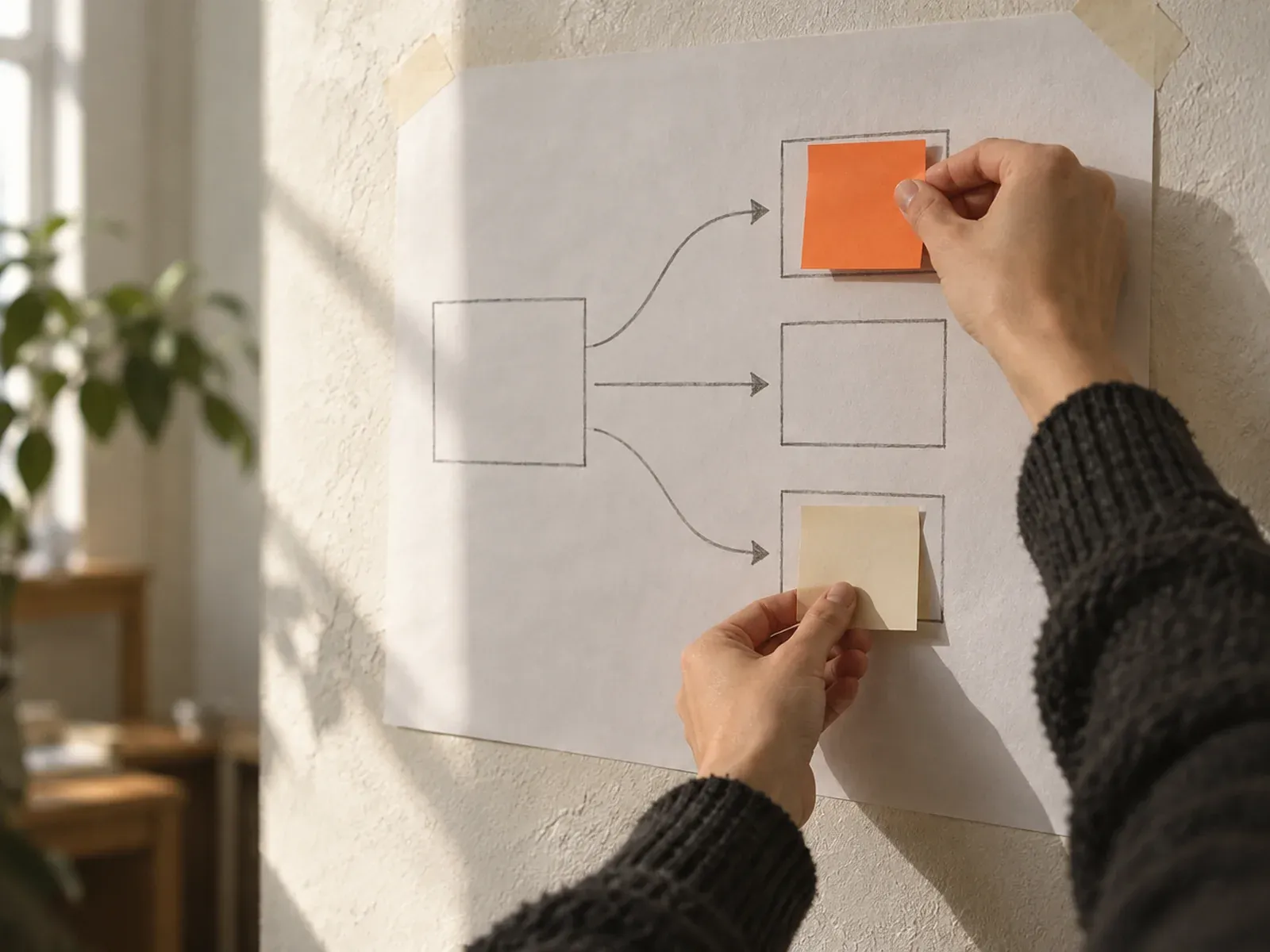 Twee handen plakken oranje en crèmekleurige memoblaadjes op een getekend schema aan de muur, met pijlen van één vak naar drie vakken