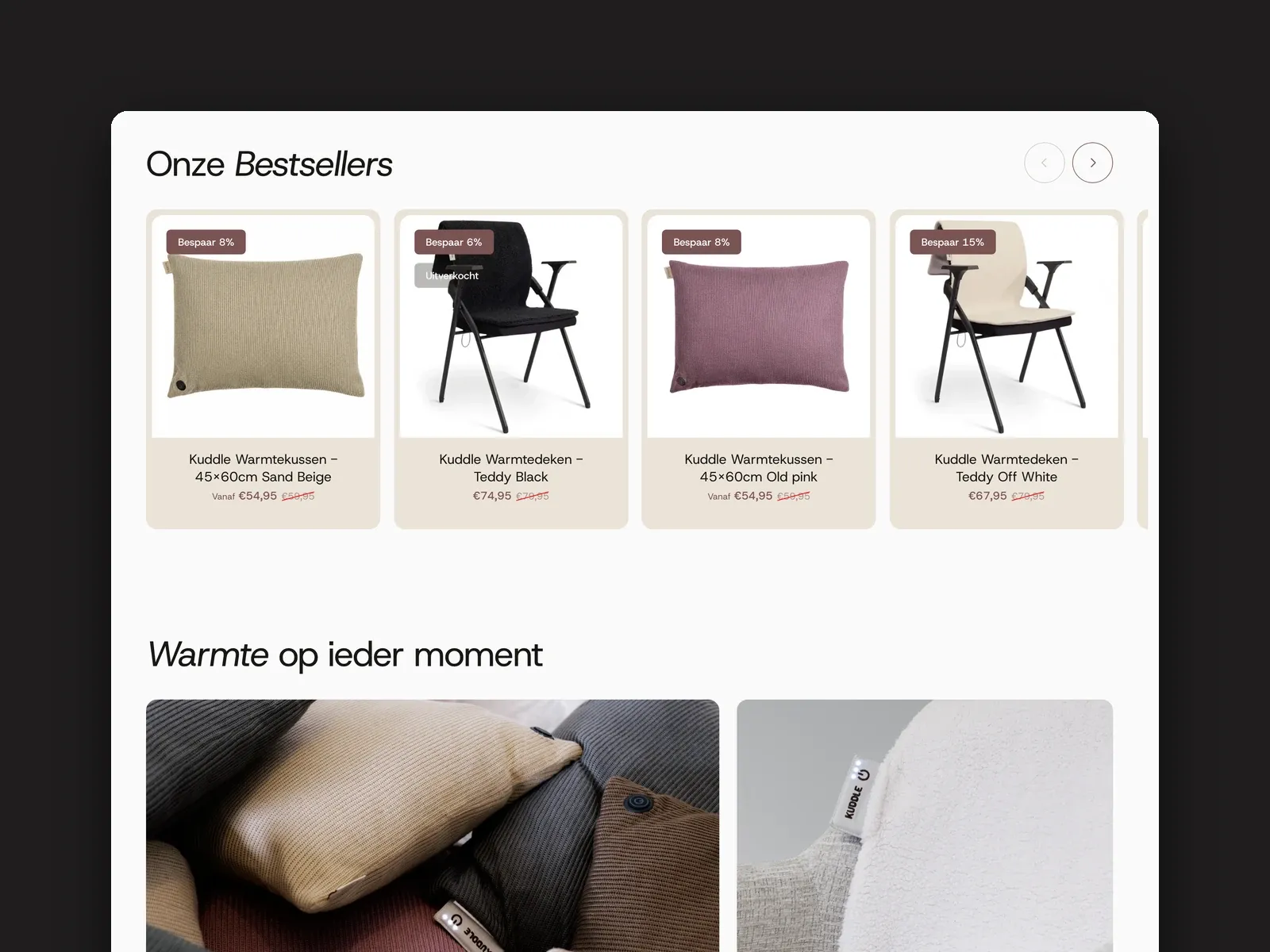 Schermafbeelding van de webshop van Kuddle: een rij bestsellers met warmtekussens en warmtedekens met prijzen, daaronder het begin van de foto’s bij warmte op ieder moment