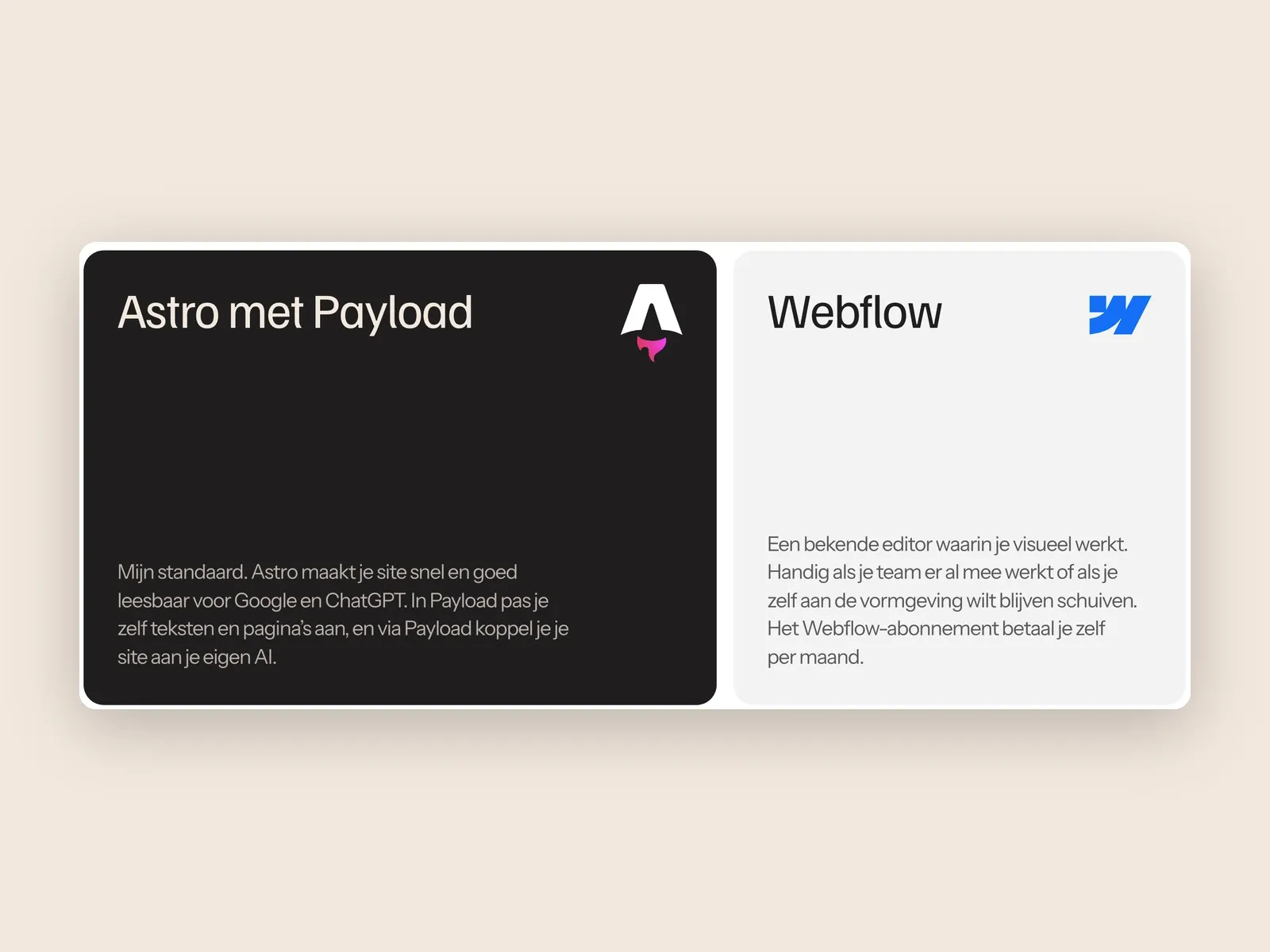 Schermafbeelding van outlyne.nl met twee kaarten naast elkaar: een donkere kaart voor Astro met Payload en een lichte kaart voor Webflow, elk met een korte uitleg