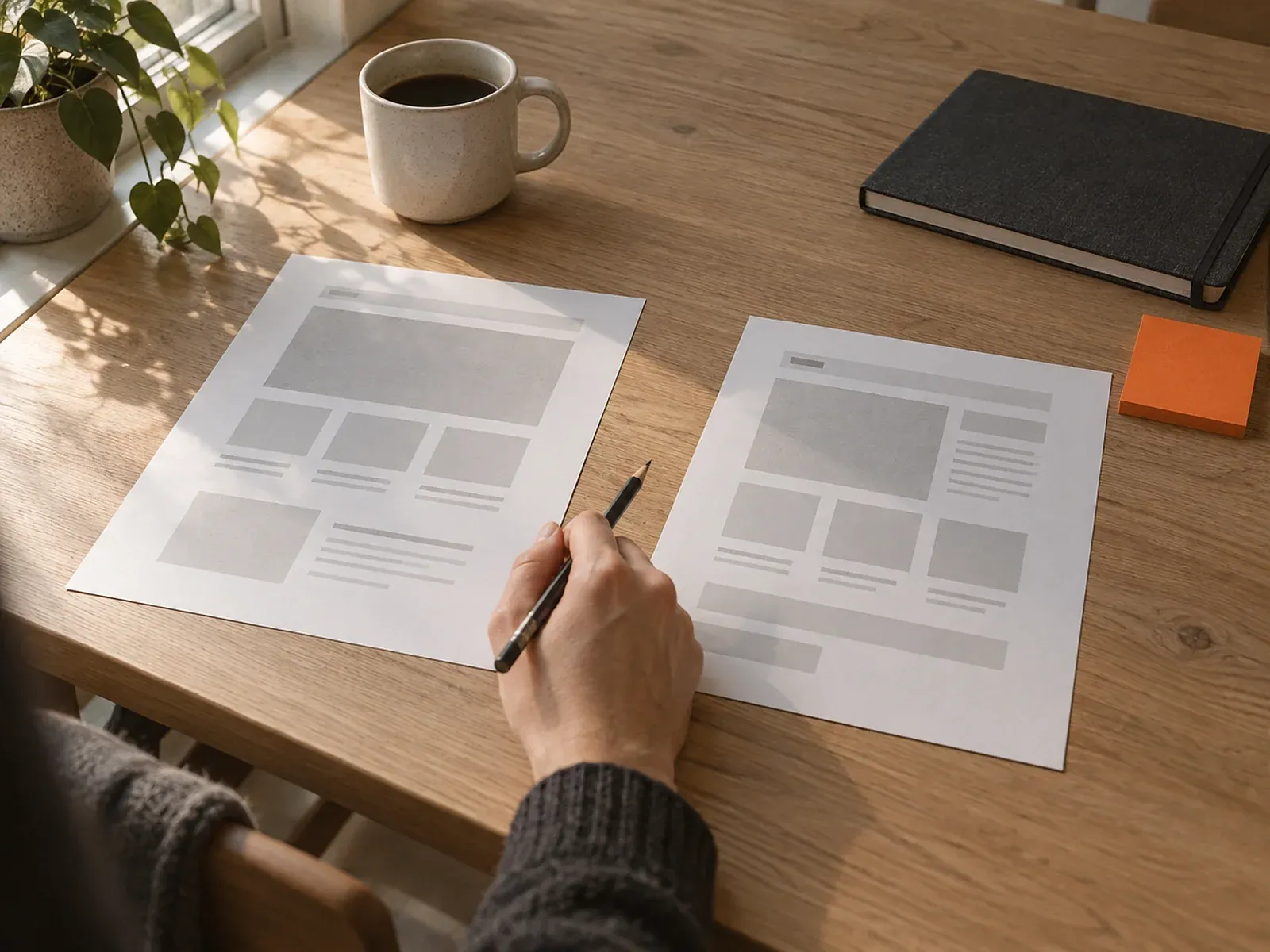 Twee geprinte wireframes naast elkaar op een houten bureau, met een hand met potlood ertussen, een koffiemok en een oranje memoblaadje